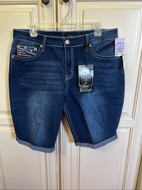 Love Indigo Dark Blue Cuffed Denim Bermuda Shorts